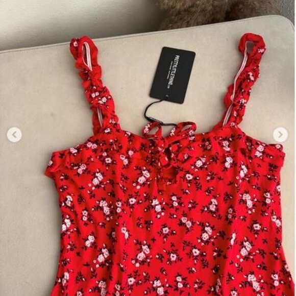 🐣NWT Pretty little thing Ruffled Babydoll Red Ditsy Floral Print Bodycon Dress - Picture 9 of 15